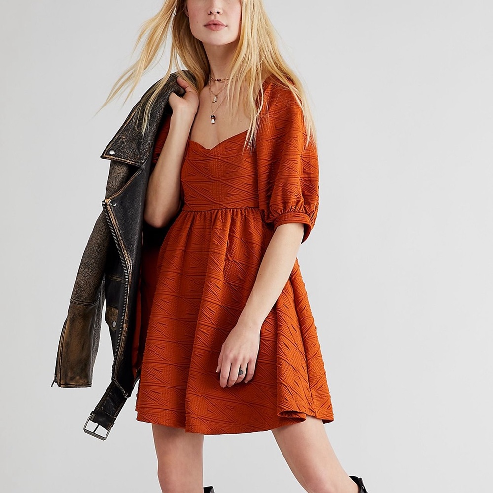 Free People Rust Puff Sleeve Mini Dress